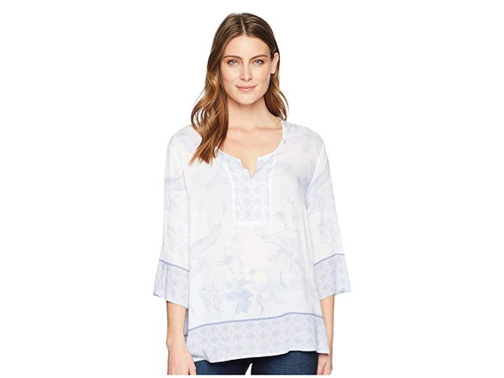Tribal 3/4 Sleeve Woven Combo Crepe Floral Blouse (blue Fog) Women's Blouse