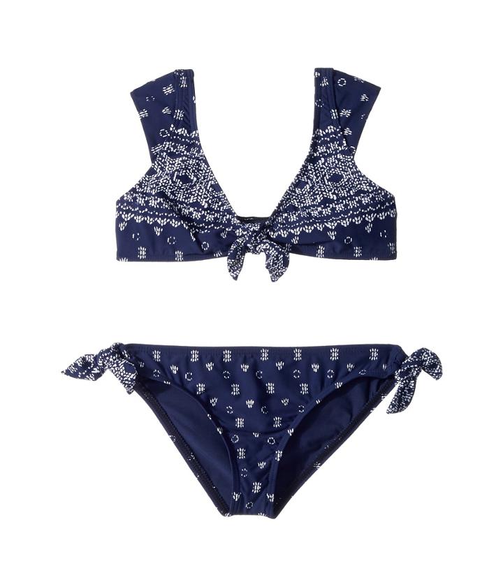 Splendid Littles Boarder Stripe Bralette Retro Pants W/ Ties (big Kid) (navy) Girl's Swimwear Sets