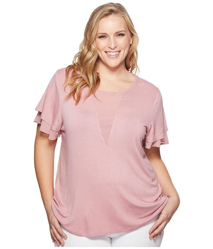 B Collection By Bobeau Plus Size Dylan Mixed Media Flutter Sleeve (rose) Women's Short Sleeve Pullover