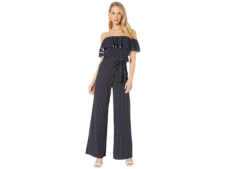 Bebe Off Shoulder Ruffle Jumpsuit (navy/ivory) Women's Jumpsuit & Rompers One Piece