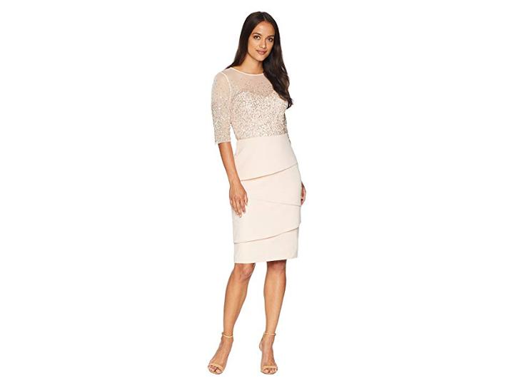 Adrianna Papell 3/4 Sleeve Bead Bodice Cocktail Dress With Artichoke Crepe Skirt (blush) Women's Dress