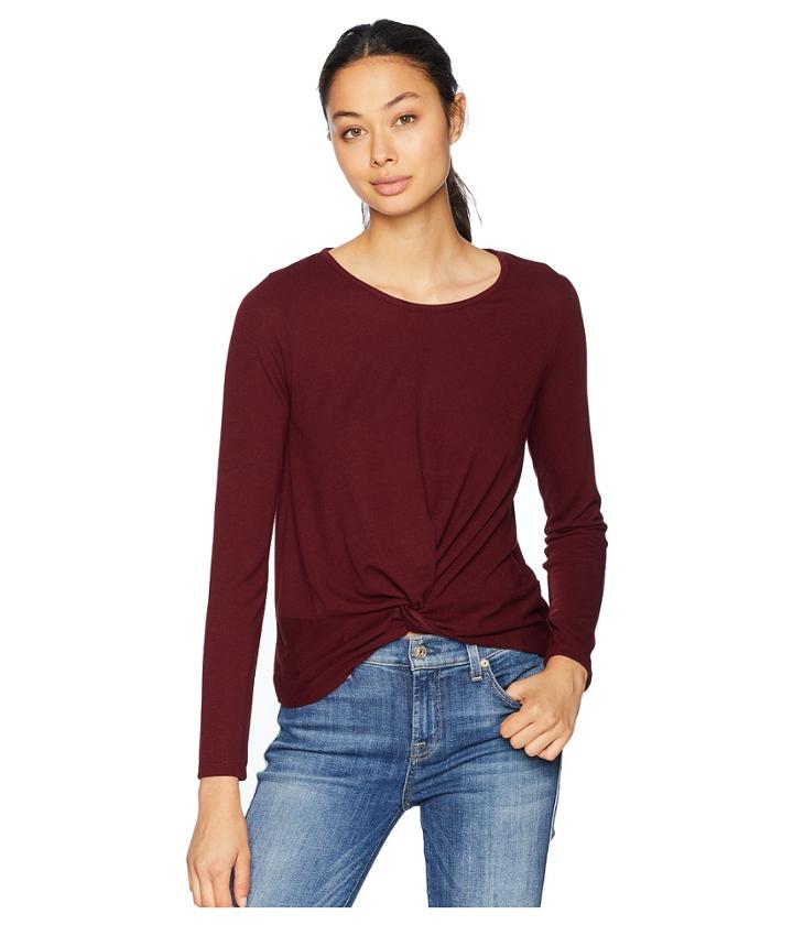 Pink Rose Long Sleeve Scoop Neck Top W/ Knot Front (burgundy Bloom) Women's Clothing