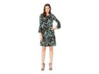Nine West Printed Ity Etched Floral Fit Flare Dress W/ Bell Sleeve Tie Detail Sleeve (evergreen Multi) Women's Dress