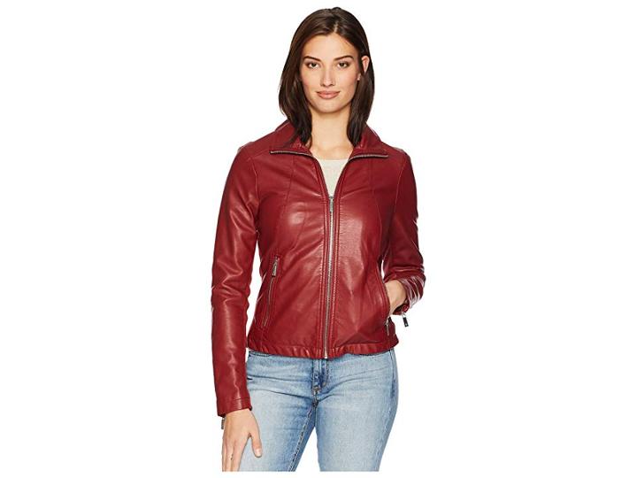 Kenneth Cole New York Pu Zip Front Jacket (ruby Red) Women's Coat