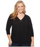 Calvin Klein Plus Plus Size Long Sleeve V-neck Top W/ Bar (black) Women's Long Sleeve Pullover