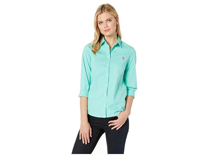 U.s. Polo Assn. Dot Stretch Poplin Blouse (trellis Aqua) Women's Clothing