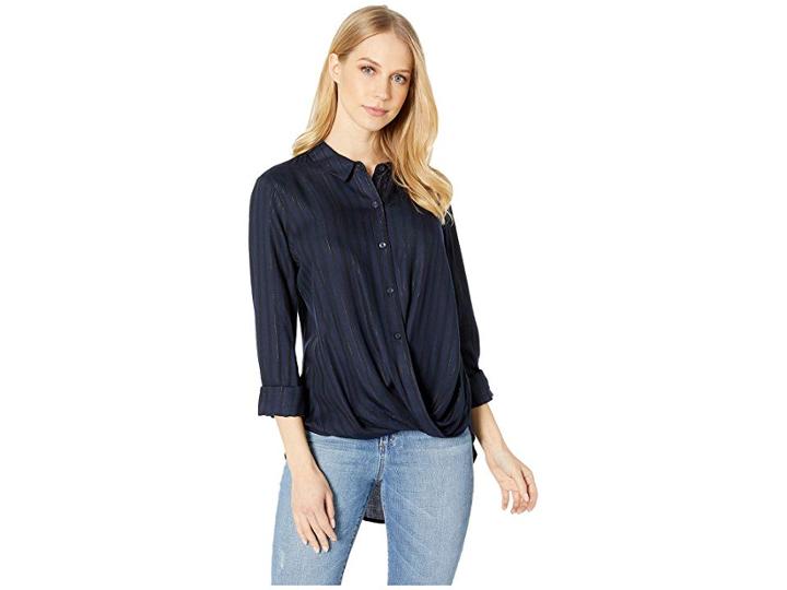Bcbgeneration Wrap Hem Long Sleeve Shirt (dark Navy Combo) Women's Clothing