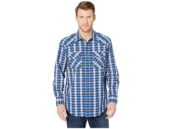Pendleton Long Sleeve Frontier Shirt (navy Plaid) Men's Long Sleeve Button Up