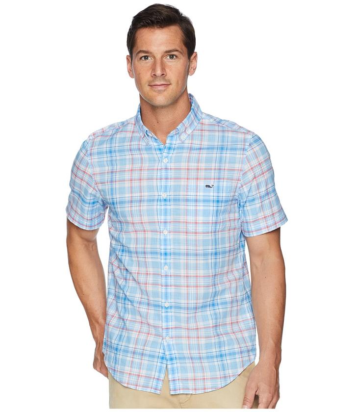 Vineyard Vines Fire Road Plaid Short Sleeve Slim Tucker Shirt (ocean Breeze) Men's Clothing