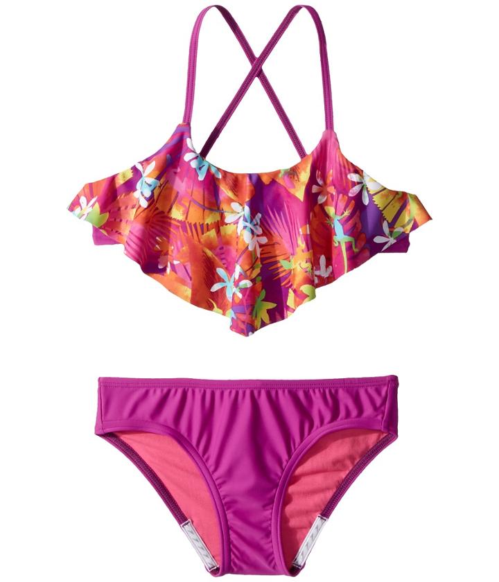 Speedo Kids Hidden Tropical Ruffle Two-piece (big Kids) (very Fuchsia) Girl's Swimwear Sets