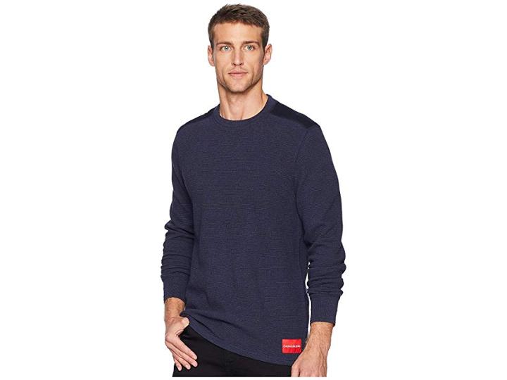 Calvin Klein Jeans Long Sleeve Waffle Crew Neck Shirt (nightwalk Heather) Men's Clothing