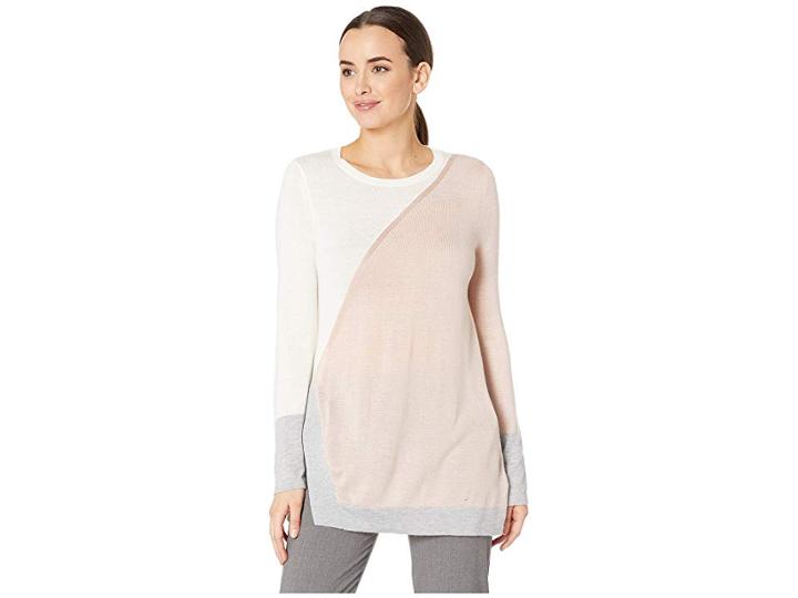Vince Camuto Long Sleeve Color Block Side Split Crew Neck Sweater (rose Buff) Women's Sweater