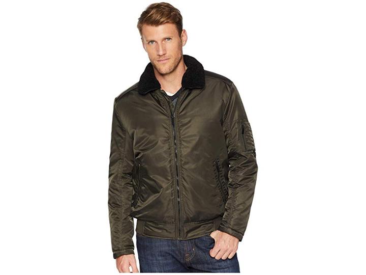 Kenneth Cole New York Zip Front Bomber With Faux Shearling Collar (olive) Men's Clothing
