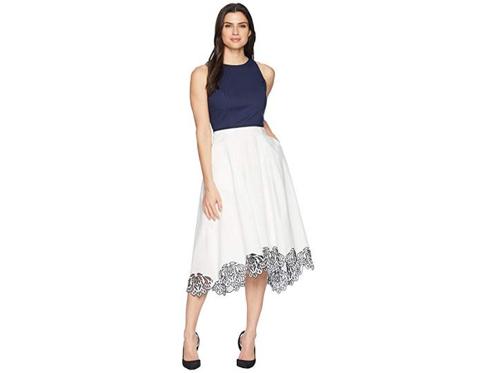 Tahari By Asl Sleeveless Cotton Scallop Bottom Midi Dress (white/navy) Women's Dress