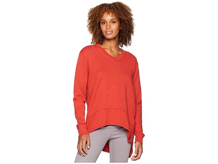 Mod-o-doc Slub French Terry Long Sleeve V-neck Pullover With Side Slit (bonfire) Women's Clothing