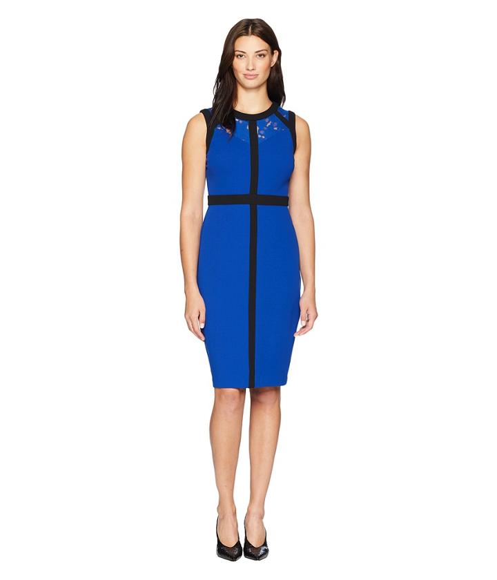 Gabby Skye Crepe Midi Dress W/ Lace Trim (cobalt/black) Women's Dress