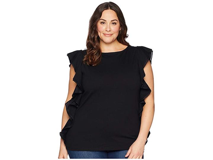 Lauren Ralph Lauren Plus Size Ruffle Cotton Top (polo Black) Women's Clothing