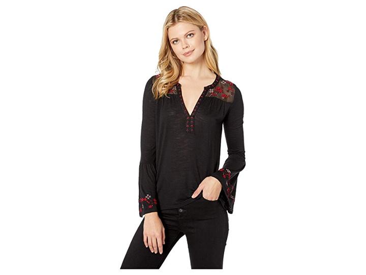 Lucky Brand Embroidered Yoke Top (black Multi) Women's Long Sleeve Pullover