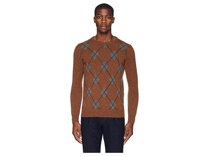 Eleventy Tweed Argyle Cashmere Sweater (camel) Men's Sweater