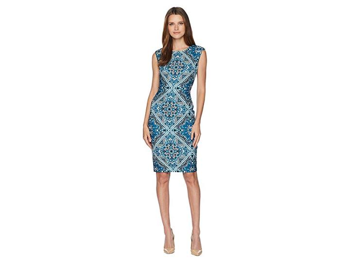 Vince Camuto Printed Extended Cap Sleeve Bodycon (teal Multi) Women's Dress