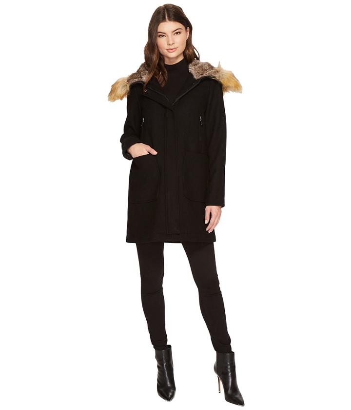 Vince Camuto Faux Fur Trim Wool L8371 (black) Women's Coat