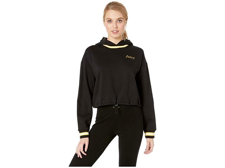 Juicy Couture Logo Detail Cinched Pullover With Hood (pitch Black) Women's Clothing