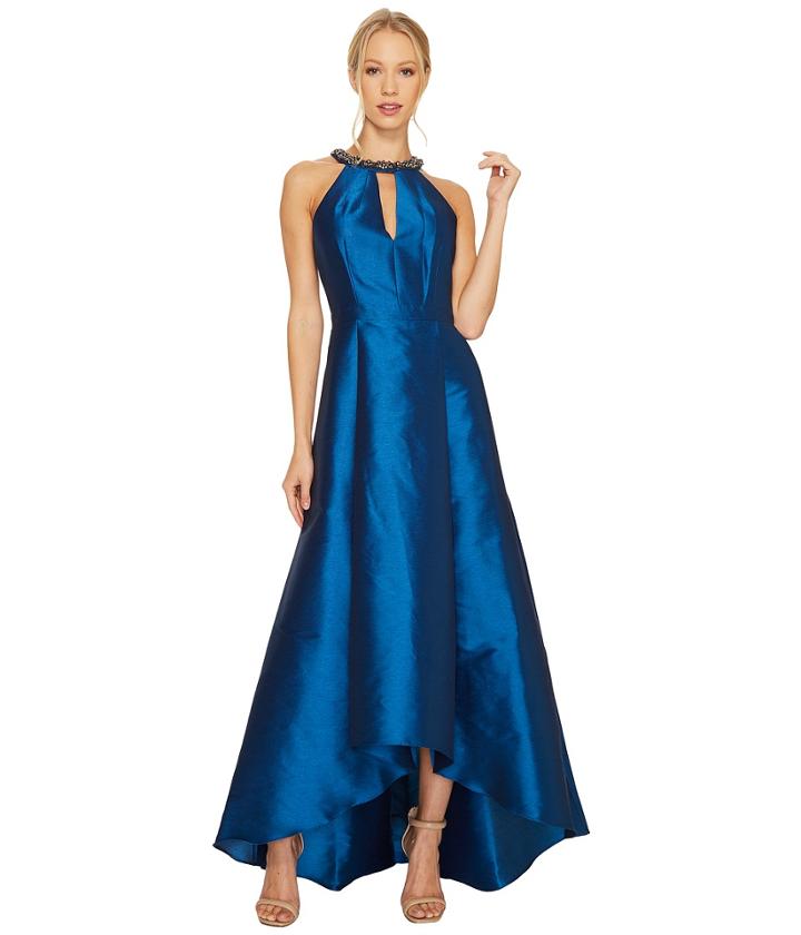 Adrianna Papell Sleeveless Halter Gown With High-low Hem And Beaded Necklace Detail (peacock) Women's Dress