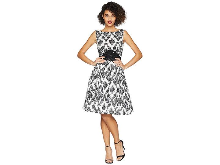 Unique Vintage Sleeveless Bella Swing Dress (white/black Damask) Women's Dress