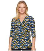 Anne Klein 3/4 Sleeve Wrap Top (cezanne Blue/yellow) Women's Clothing
