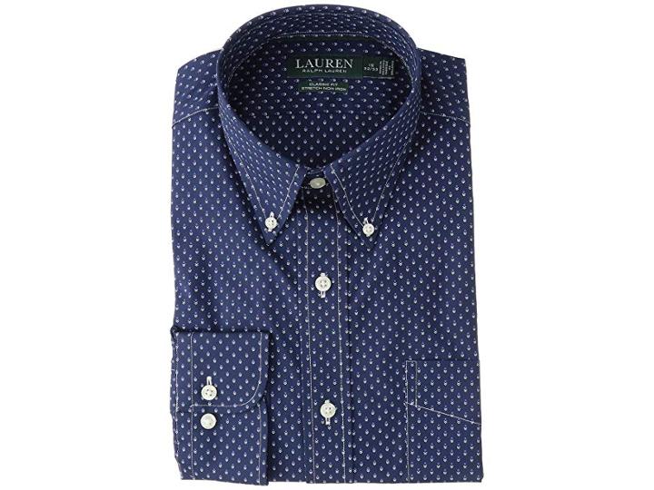 Lauren Ralph Lauren Classic Fit No-iron Print Cotton Dress Shirt (shadow Dot Blue/white) Men's Long Sleeve Button Up