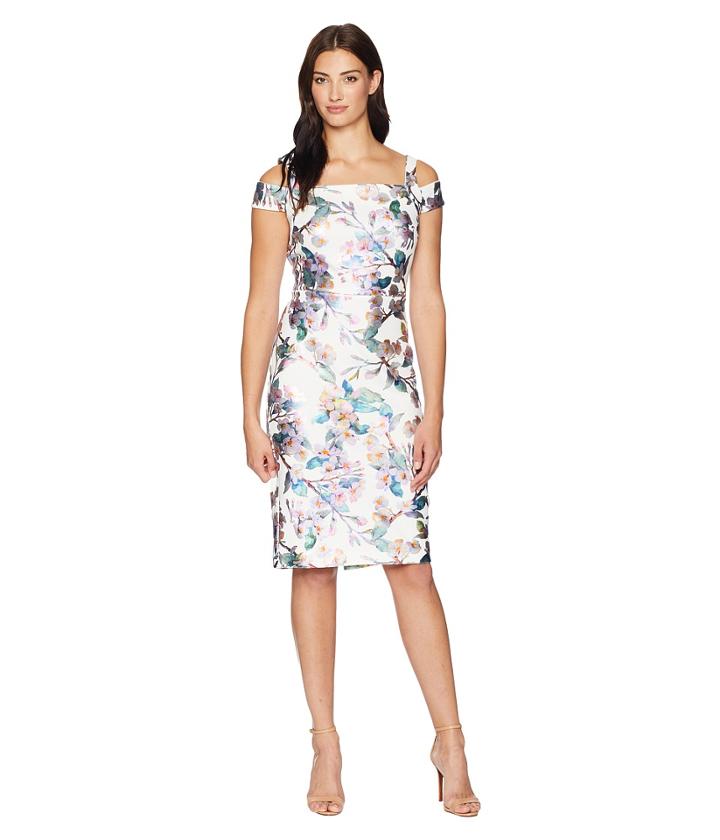 Eci Cold Shoulder Foil Floral Printed Scuba Dress (ivory/teal) Women's Dress