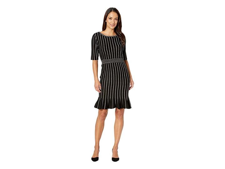 Taylor Vertical Stripe Flounce Skirt Sweater Dress (black/champagne) Women's Dress