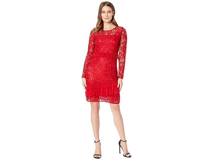 Taylor Lace And Ruffle Chiffon Long Sleeve Dress (scarlet) Women's Dress
