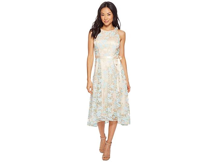 Tahari By Asl Petite Embroidered Mesh Midi Dress (nude/ice Blue/gold) Women's Dress