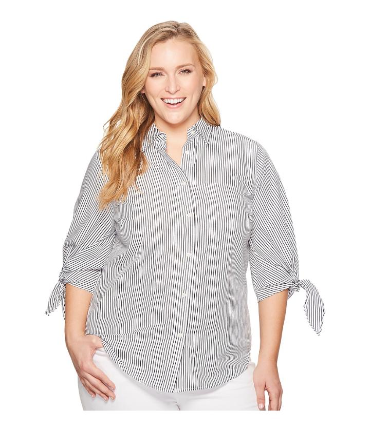 Lauren Ralph Lauren Plus Size Striped Tie-sleeve Cotton Shirt (black/white) Women's Clothing