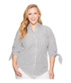 Lauren Ralph Lauren Plus Size Striped Tie-sleeve Cotton Shirt (black/white) Women's Clothing