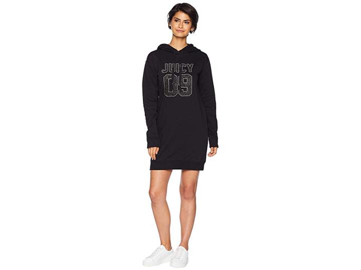 Juicy Couture Juicy 09 Logo Fleece Hooded Dress (pitch Black) Women's Dress
