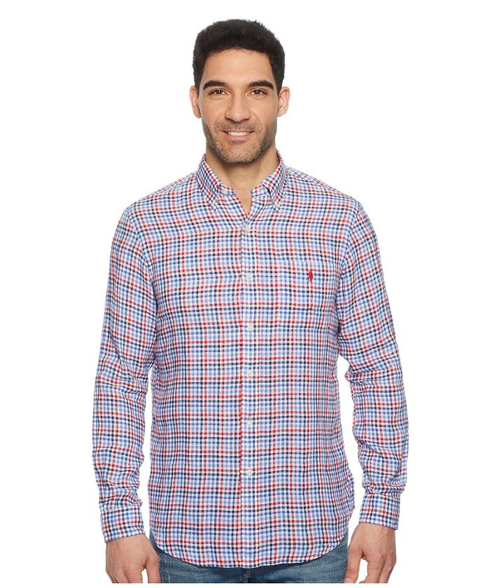 Polo Ralph Lauren Linen Long Sleeve Sport Shirt (red/blue Multi) Men's Clothing
