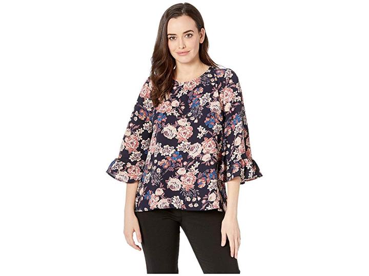 Bobeau Ruffle Elastic Tie Sleeve Top (navy/rose) Women's Blouse