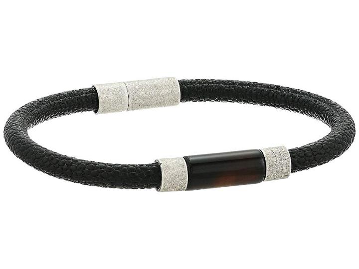Steve Madden Braided Leather Bracelet With Onyx Stone Bar (black) Bracelet