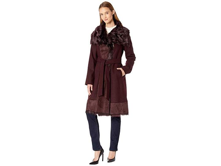 Vince Camuto Belted Mixed Media Wool Coat R1231 (merlot) Women's Coat