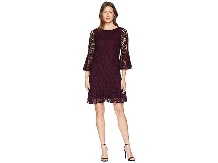Calvin Klein Bell Sleeve Lace Dress With Flounce Hem Cd8l25jm (aubergine) Women's Dress