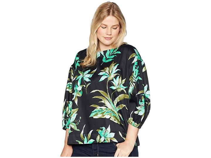 Lauren Ralph Lauren Plus Size Print Bishop-sleeve Top (black Multi) Women's Clothing