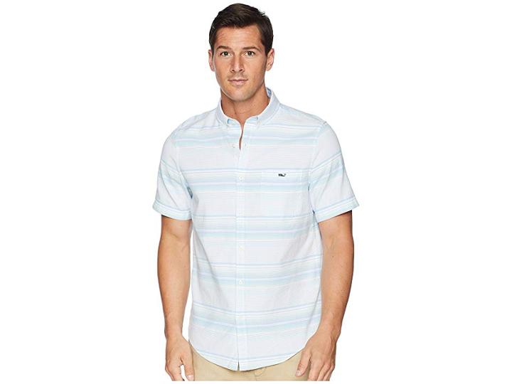 Vineyard Vines Slim Fit Sand Piper Stripe Short Sleeve Oxford Tucker Shirt (pool Side) Men's Clothing