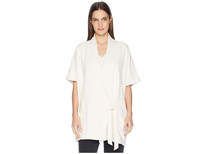 Eileen Fisher Organic Cotton Blend Terry Drape Neck Elbow Sleeve Kimono Wrap Jacket (ecru) Women's Coat
