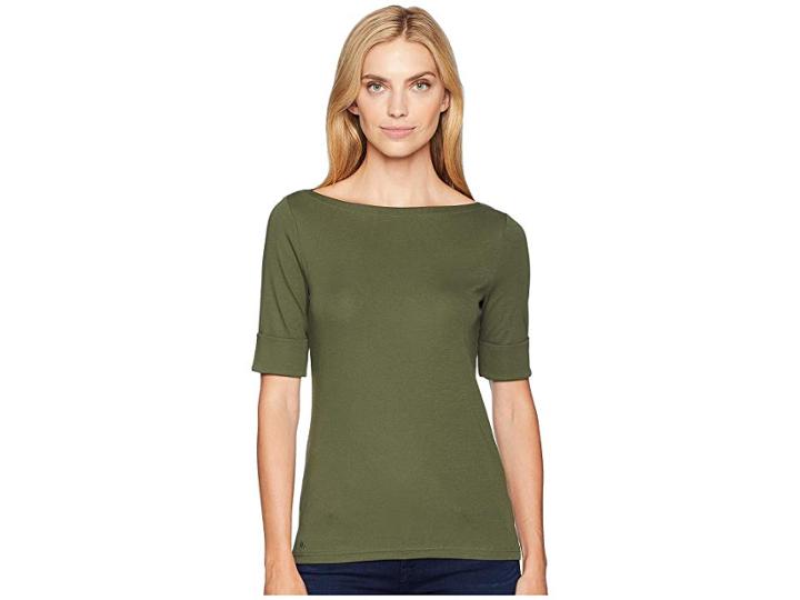 Lauren Ralph Lauren Stretch Cotton Boat Neck Tee (admiral Green) Women's T Shirt