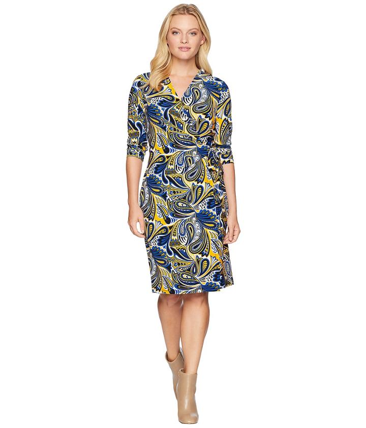 Anne Klein Classic Wrap Dress (cezanne Blue/yellow Combo) Women's Dress