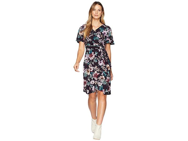 Donna Morgan Floral Jersey Wrap Dress With Flutter Sleeve (dark Plum/lilac Multi) Women's Dress