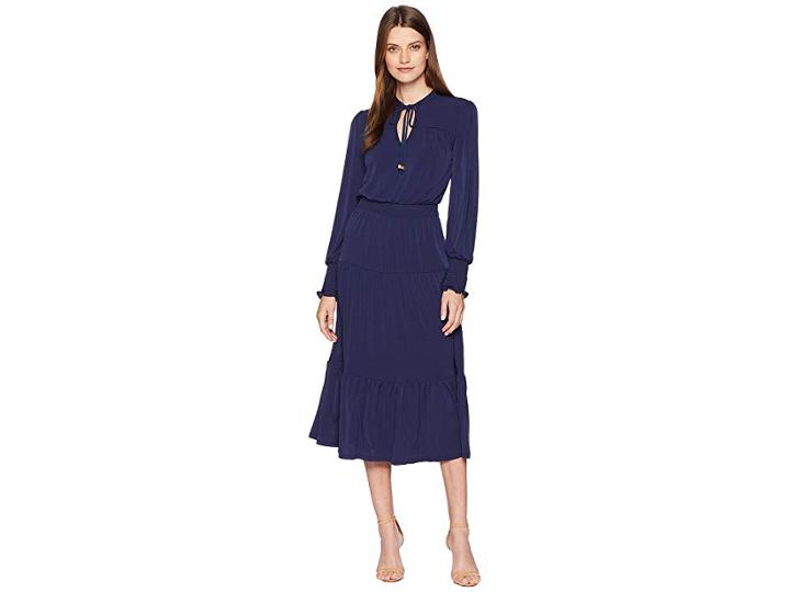 Michael Michael Kors Solid Long Sleeve Tie Neck Dress (true Navy) Women's Dress