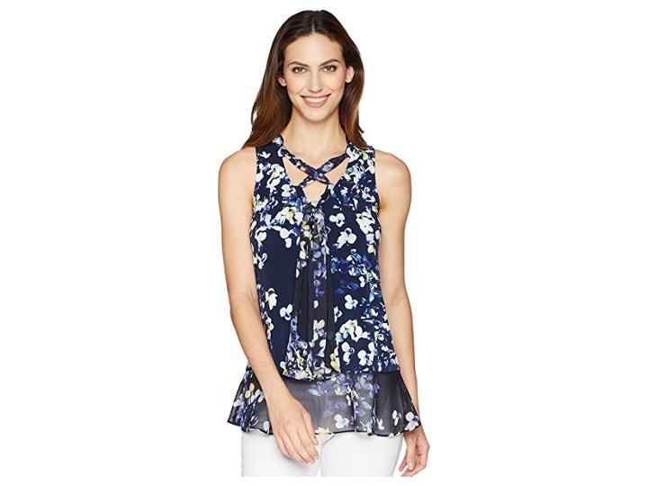 Ellen Tracy Lace-up Front Knit Top (trellis Blossom/ink) Women's Blouse